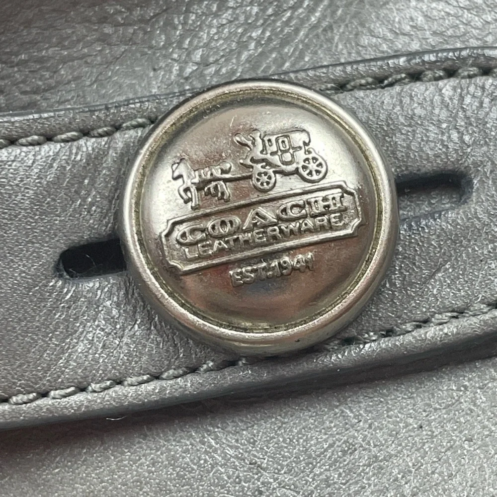 Coach Brandi Gray Leather Peep-Toe Booties 8.5B Silver Logo Buttons